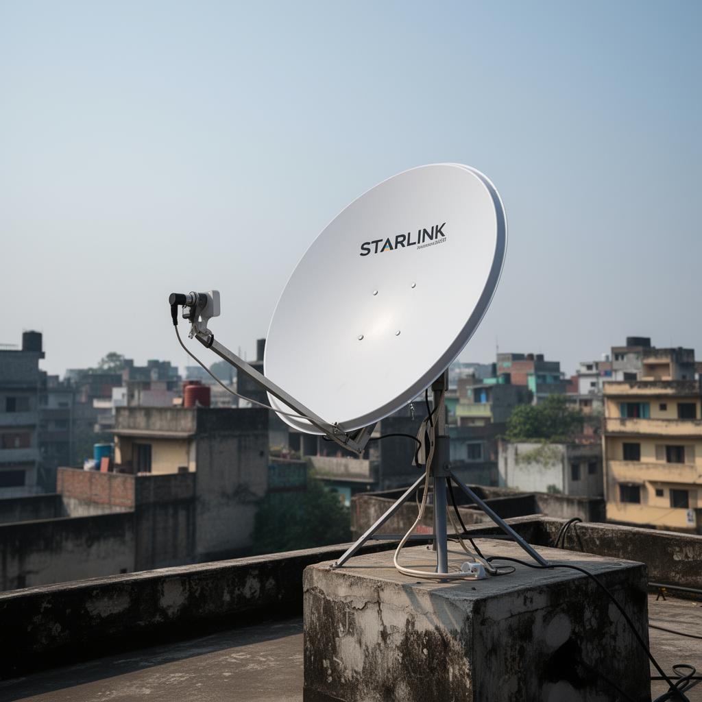 বাংলাদেশে ছাদের ওপর স্থাপিত Starlink স্যাটেলাইট ইন্টারনেট ডিশ