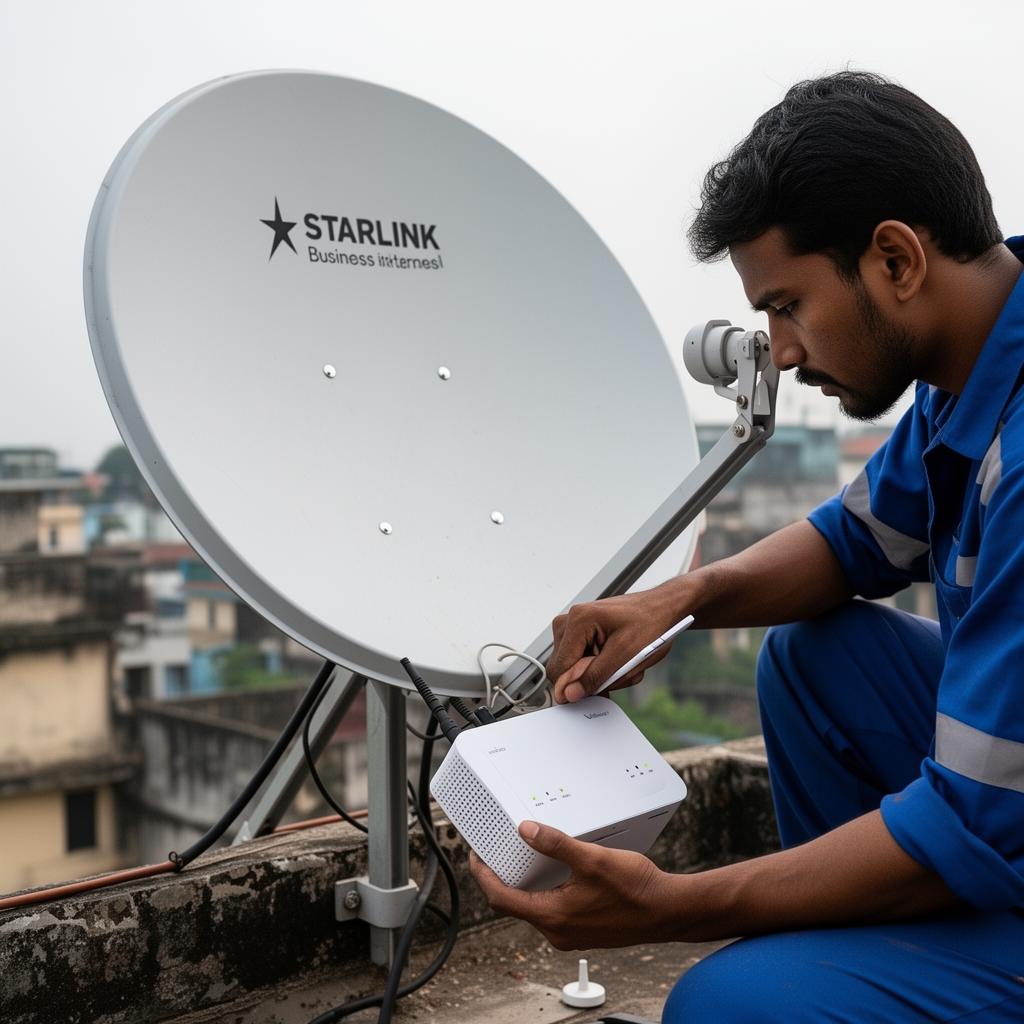 বাংলাদেশে Starlink ডিশ ও রাউটার ইনস্টলেশন কাজ করছেন একজন টেকনিশিয়ান